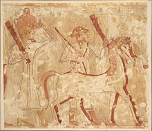Dessin de style égyptien montrant des hommes et un cheval.