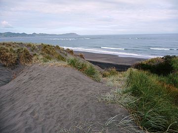 Te Puia Springs are on the beach to the right from this track across the dunes.