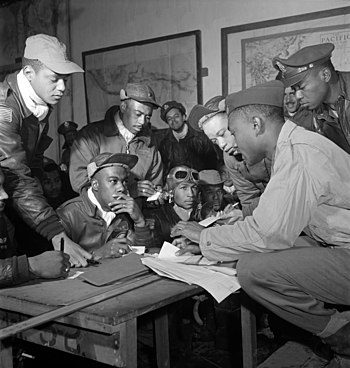 Several Tuskegee airmen at Ramitelli, Italy, M...