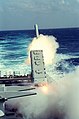 A BGM-109 Tomahawk Land-Attack Missile (TLAM) is launched toward a target in Iraq from the port side Mark 143 Armored Box Launcher (ABL) on the stern of the nuclear-powered guided missile cruiser USS Mississippi (CGN-40) during Operation Desert Storm.