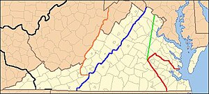 Lines showing the legal treaty frontiers between the Virginia Colony and Indian Nations in various years and today's state boundaries. Red: Treaty of 1646. Green: Treaty of Albany (1684). Blue: Treaty of Albany (1722). Orange: Proclamation of 1763. Black: Treaty of Camp Charlotte (1774). The area west of this line in present-day Southwest Virginia was ceded by the Cherokee in 1775. VaFrontier2.jpg