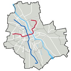 Mapa konturowa Warszawy, blisko centrum na dole znajduje się punkt z opisem „Wierzbno”