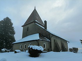 L'église de Bassins, la principale église du prieuré, en hiver 2021.