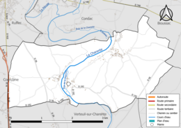 Carte en couleur présentant le réseau hydrographique de la commune