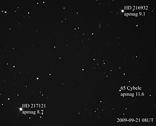 Asteroid 65 Cybele and two stars, with their magnitudes labeled 65Cyb-LB3-apmag.jpg