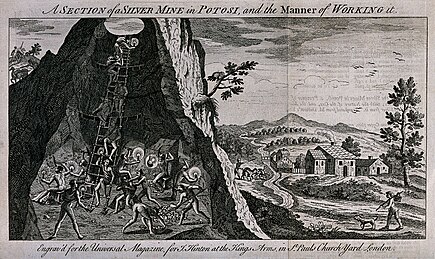 A black-and-white engraving. Left: several nude male figures work by candlelight inside a cross section of a mountain. Right: a pastoral scene