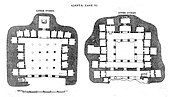 Cova 6. Monestir de dues plantes: planta baixa quadrangular hipòstila i la segona planta quadrangular amb una fila de columnes evocant un claustre i cel·les als costats. Pintats el "Miracle de Sravasti" i la "Temptació de Mara"[56]