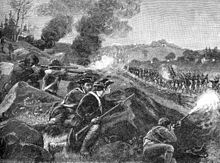 Gravure de la bataille de Lexington avec des miliciens retranchés face aux lignes ennemies.
