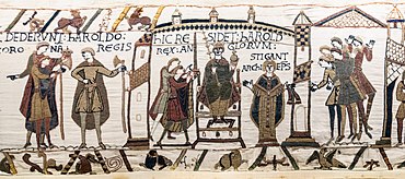 Coronation of Harold II at Westminster Abbey in 1066, from the Bayeux Tapestry Bayeux Tapestry scene29-30-31 Harold coronation.jpg