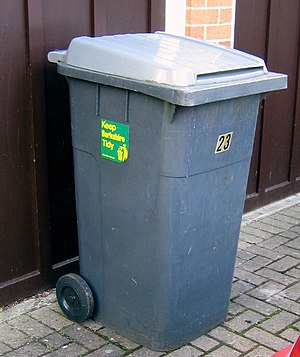 A typical wheelie bin household waste receptacle