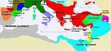 L'empire byzantin sous Manuel Ier environ 1170. L'empire est encore une puissance méditerranéenne incontestée.