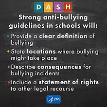 A Centers for Disease Control and Prevention graphic presenting school anti-bullying guidelines CDC DASH anti-bullying PSA.jpg