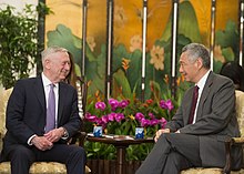 Jim Mattis and Lee Hsien Loong discussing military relations between their two countries at the Shangri-La Dialogue in 2017 CJCS Attends Shangri-La Dialogue PB383 (35011925936).jpg