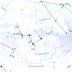 Die uitstralingspunt van die Andromedides in Desember 2013 naby γ Cassiopeiae (naby die middel van die "W").[1]