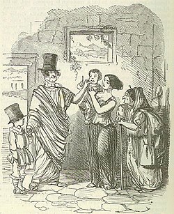 In a cartoon by John Leech, from: The Comic History of Rome by Gilbert Abbott a Beckett, a top hat is placed in a deliberate anachronism on the head of the Ancient Roman reformer Tiberius Gracchus, in order to compare him to 19th-century British politicians. Comic History of Rome p 238 Tib Gracchus canvassing.jpg