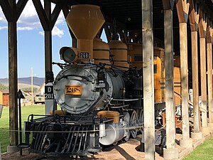 A frontal view of D&RGW 268 at the Gunnison Pioneer Museum in Gunnison, Colorado.