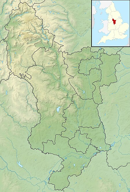 a map of Derbyshire pinpointing estates held by John Cokayne, with red dots showing his mother's inheritance and blue his father's. They are scattered around the West and centre of the county.