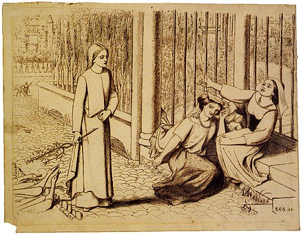 A cobbled street separated from a garden by a hedge and a railing. Three women sit on stone steps by the railing, wearing dresses, headscarves, and necklaces of beads; one of them calls out to a young woman walking past wearing a plain peasant dress and carrying a branch of a tree.