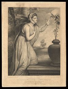 Emma Hamilton as Sensibility. Stipple engraving, 1789, after a painting by George Romney. Emma Hamilton...Stipple engraving, 1789. Wellcome L0075392.jpg