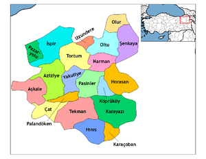 Mapa dos distritos da província de Erzurum
