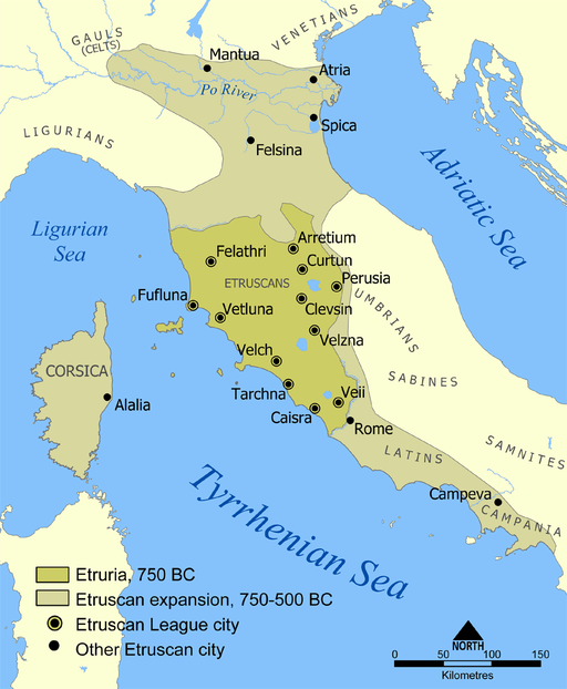 Extent of Etruscan civilisation in addition to the twelve Etruscan League cities.