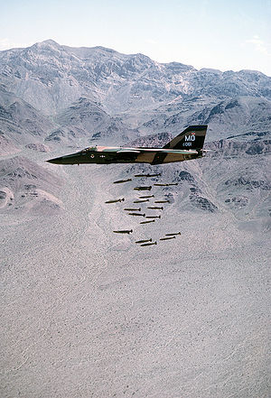 An F-111A dropping 24 Mark 82 low-drag bombs in-flight over a bombing range.