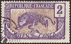 Timbre type Moyen Congo (1907), 2 centimes violet, gravé par Puyplat.