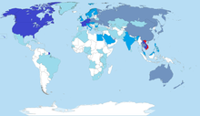 Overseas Vietnamese population by country. Vietnam is marked red. Darker blue represent a larger number of overseas Vietnamese people by percent. Global Vietnamese population.png