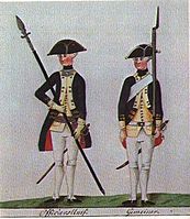 黑森軍兵畫像。黑森僱傭兵一向以善戰聞名，但他們卻在1776年的新澤西戰場立下惡名。由於英軍物資短缺，何奧准許軍隊到郊區徵集物資，但大量黑森士兵及英國士兵卻乘機搶掠強姦，不但令到英軍喪失民心，更促成了新澤西州起義。
