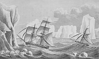 Tranh về chuyến thám hiểm lần hai của James Weddell vào năm 1823, miêu tả hai con thuyền Jane và Beaufroy