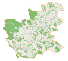 Mapa konturowa gminy Jawornik Polski, na dole nieco na lewo znajduje się punkt z opisem „Kościół św. Andrzeja Apostoła w Jaworniku Polskim”