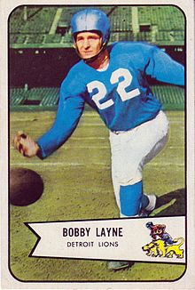 Trading card of Bobby Lane in a Lions uniform and helmet, underhand throwing a football.