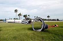 A Mercury Redstone rocket on display at Gate 3 was toppled by Hurricane Frances on September 7, 2004. Mercury-Redstone display toppled KSC-04PD-1721.jpg