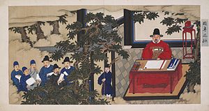 Painting that depicts the career of a civil servant. The career path starts with passing the civil service examinations (left side) and progresses to a high position in the government (right side). Ming Dynasty Activities of Minister of War Wang Qiong.jpg
