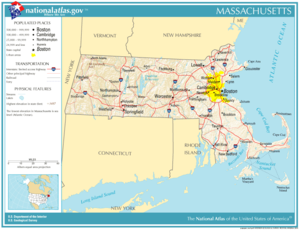 Prominent roads and cities in Massachusetts.