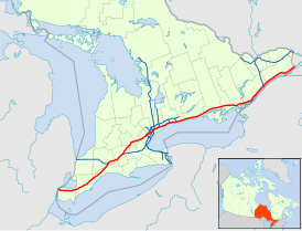 «Онтарио Хайвей 401» (выделен красным цветом) проходит по территории провинции Онтарио