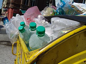 PET bottles in a trash can (Prague)