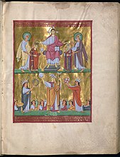(obere Hälfte) Heinrich II. und Kunigunde werden von Christus gekrönt, aus dem Perikopenbuch Heinrichs II.