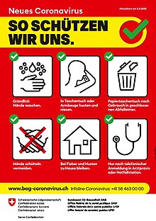 Swiss poster explaining the rules of hygiene and good reactions in case of symptoms (in German, 2 March 2020) Plakat Coronavirus rot de.jpg