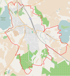 Mapa konturowa Prabut, u góry po lewej znajduje się punkt z opisem „Konkatedra św. Wojciecha w Prabutach”