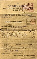 Fahrkarte 2. Klasse für $ 405 (+ $ 15 Steuern), Boston-Neapel mit der Presidente Wilson am 8. August 1928, ausgegeben von Phelps Bros. & Co. in NY City (126 × 197 mm)