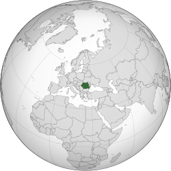 Location of  Romania  (dark green)– on the European continent  (green & dark grey)– in the European Union  (green)  —  [Legend]