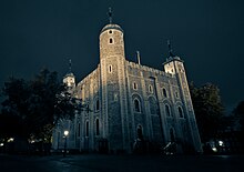 Nighttime shot of the White Tower. The White Tower at the Tower of London as seen from the Northeast at Night.jpg