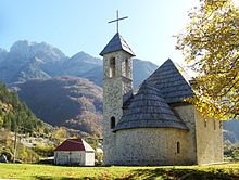 Highland Church in Theth, a town founded by Catholics to preserve their faith during a time of pressures Theth Church Albania.jpg