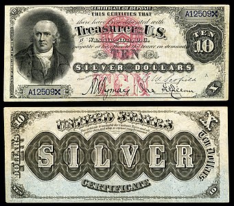 Ten-dollar silver certificate from the series of 1878, by the Bureau of Engraving and Printing