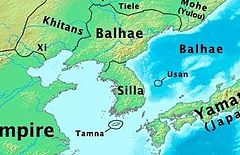 Bohai at the time of maximum expansion in the 9th century (according to Russian archaeological research). Unified Silla map.jpg