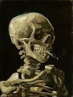 A skeleton, turned 45 degrees to the right and rendered only from shoulders and above. The skull clenches a lit cigarette between its teeth. The painting is rendered in somber tones of ivory, brown, and black, in thick yet detailed brushstrokes that reveal the texture of the canvas in places.