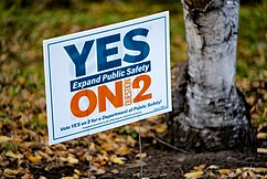 "Yes on 2" campaign sign, November 2, 2021 Yes on Question 2 - Expand Public Safety - Minneapolis Charter Amendment (51650783345).jpg