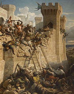 The Siege of Acre depicted in Matthieu de Clermont defend Ptolemais en 1291, by Dominique Papety at Salles des Croisades in Versailles 1291 siege d'Acre.jpg