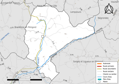 Carte en couleur présentant le réseau hydrographique de la commune